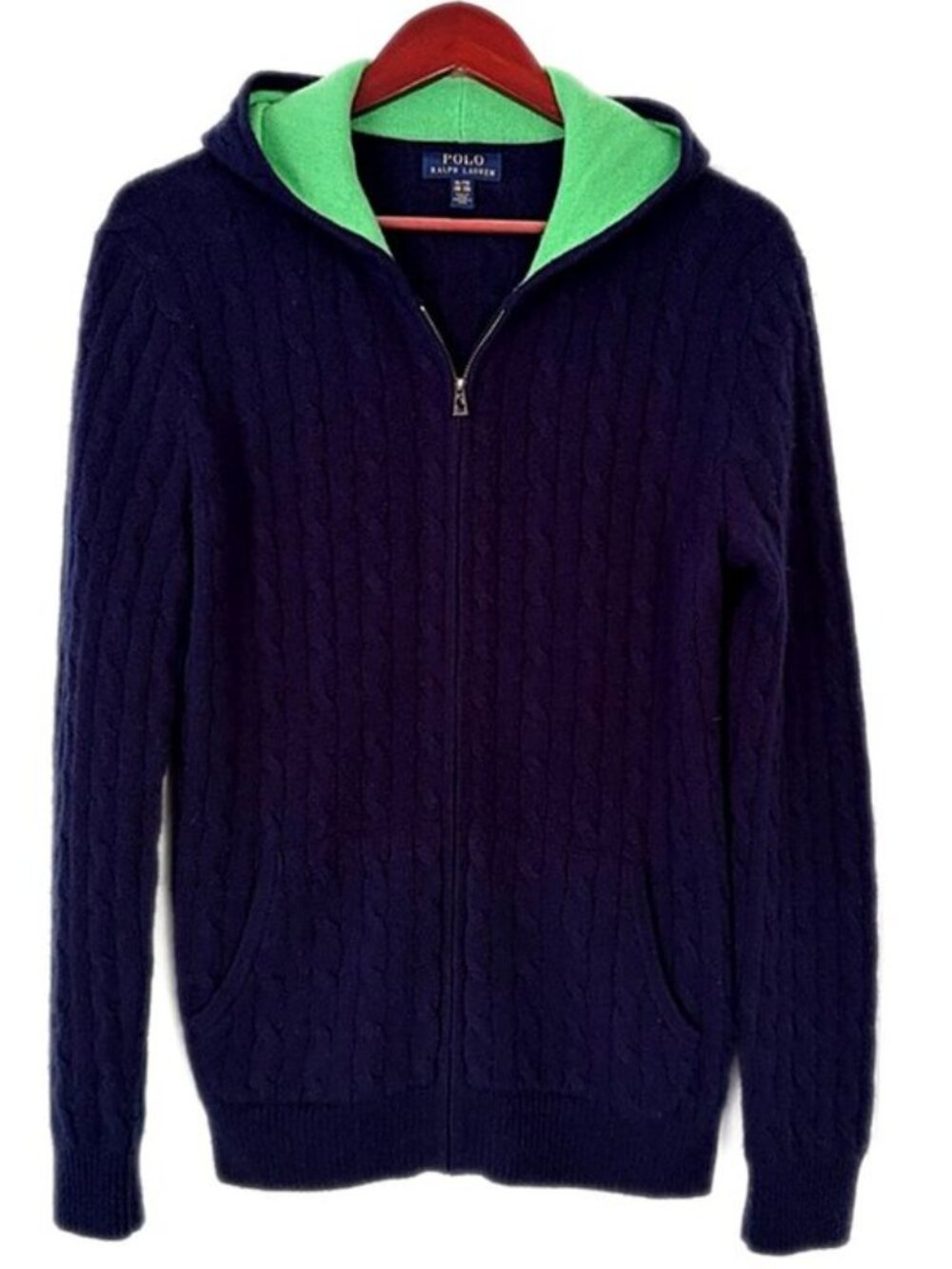 Polo Ralph Lauren 100% Cashmere Full Zip Hoodie Knit Sweater Navy Blue Green XL